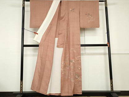 平和屋着物▽訪問着 単衣 紬地 手描き 枝花文 正絹 逸品 AAAV4261cs