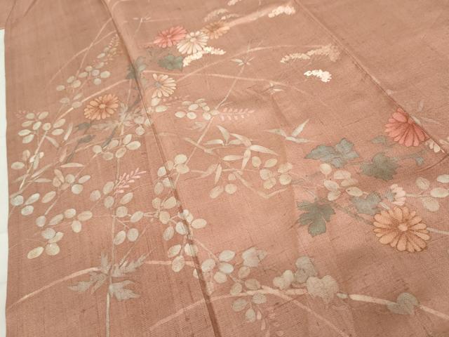 平和屋着物▽訪問着 単衣 紬地 手描き 枝花文 正絹 逸品 AAAV4261cs