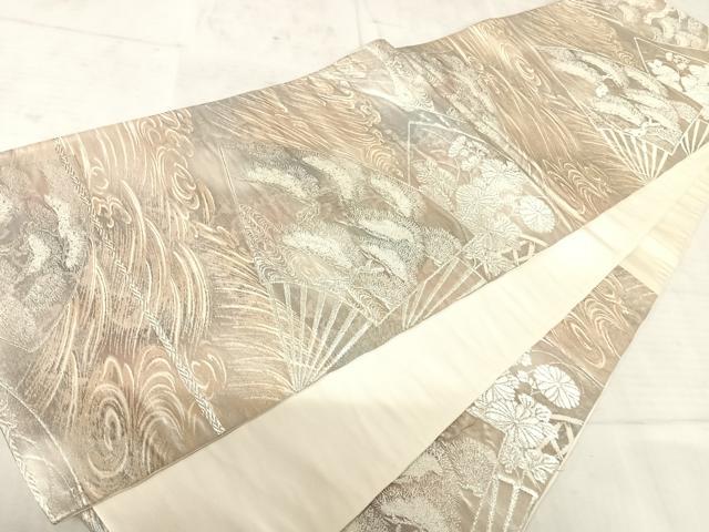 平和屋着物◎六通柄袋帯 扇面花文 銀糸 引箔 正絹 逸品 AAAV5465yx