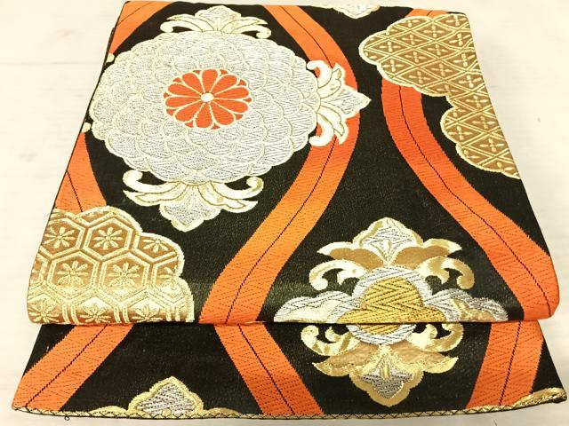 平和屋着物◎六通柄袋帯　立涌花文　黒地　正絹　逸品　AAAV5520yx