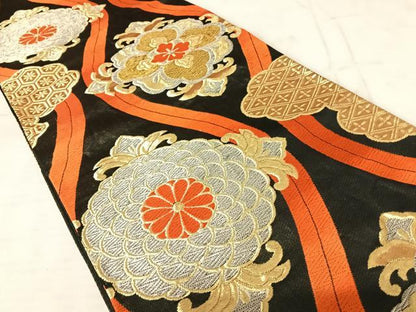 平和屋着物◎六通柄袋帯　立涌花文　黒地　正絹　逸品　AAAV5520yx