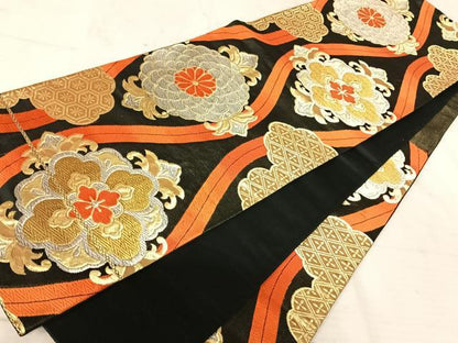 平和屋着物◎六通柄袋帯　立涌花文　黒地　正絹　逸品　AAAV5520yx