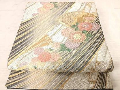 平和屋着物◎六通柄袋帯 扇面花文 金銀糸 正絹 逸品 AAAV5523yx