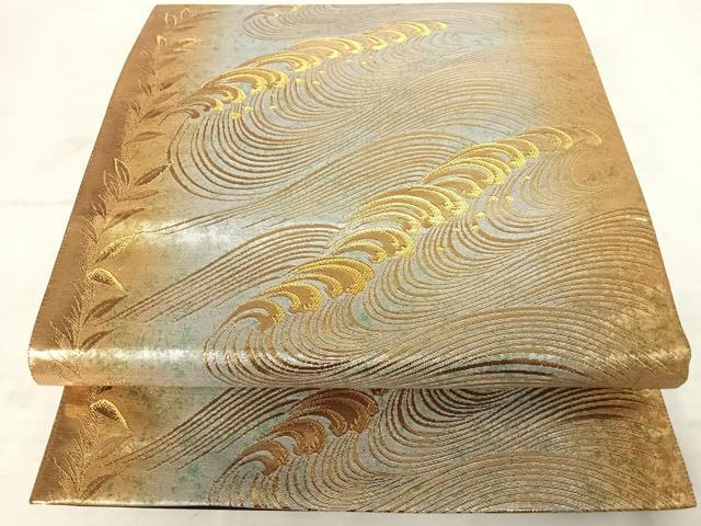 平和屋着物◎全通柄袋帯 立波文 金糸 引箔 正絹 逸品 AAAV5564yx
