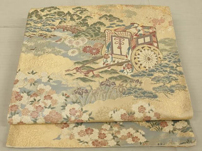 平和屋着物◎六通柄袋帯 御所車花文 金糸 正絹 逸品 AAAV5613ou