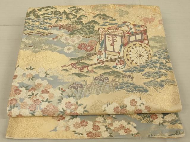 平和屋着物◎六通柄袋帯 御所車花文 金糸 正絹 逸品 AAAV5613ou