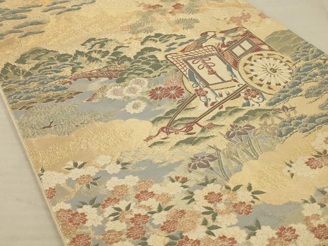 平和屋着物◎六通柄袋帯 御所車花文 金糸 正絹 逸品 AAAV5613ou