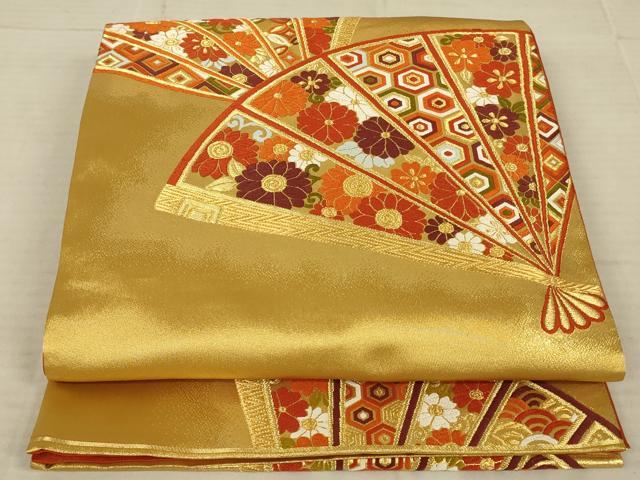 平和屋着物◎六通柄袋帯 唐織 扇面花文 金糸 正絹 逸品 AAAV5632ou