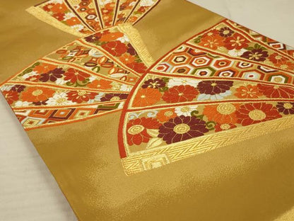 平和屋着物◎六通柄袋帯 唐織 扇面花文 金糸 正絹 逸品 AAAV5632ou