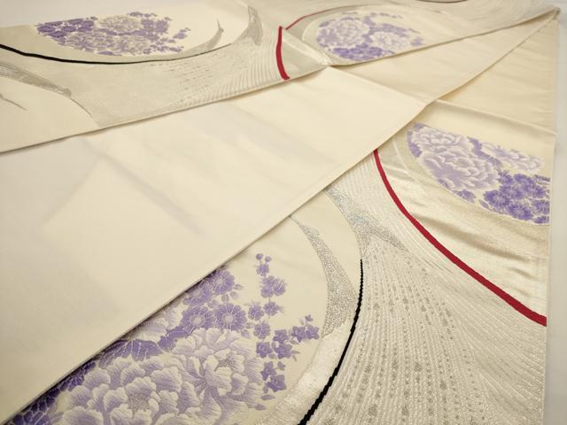 平和屋着物◎六通柄袋帯 唐織 飛鶴花文 銀糸 正絹 逸品 AAAV6562dt