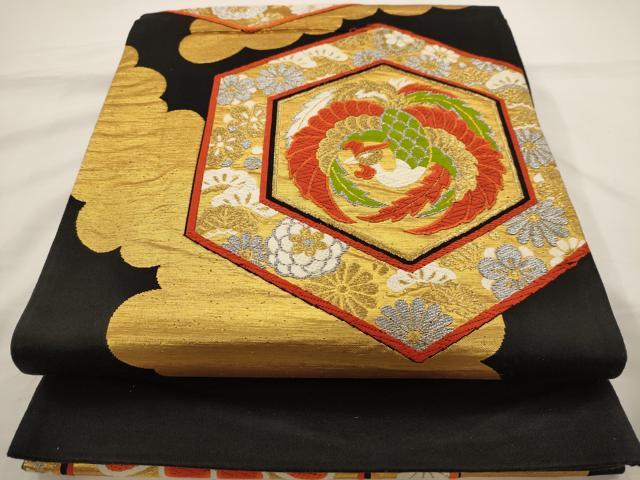平和屋着物◎六通柄袋帯 唐織 鳳凰花文 黒地 金銀糸 正絹 逸品 AAAV6591dt