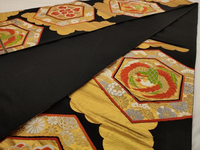 平和屋着物◎六通柄袋帯 唐織 鳳凰花文 黒地 金銀糸 正絹 逸品 AAAV6591dt