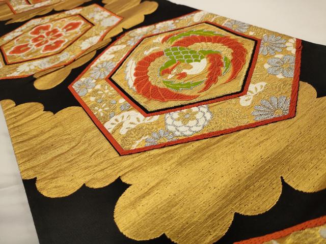 平和屋着物◎六通柄袋帯 唐織 鳳凰花文 黒地 金銀糸 正絹 逸品 AAAV6591dt