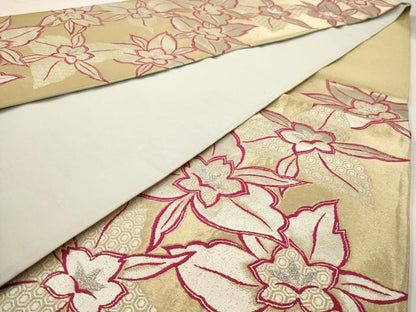 平和屋着物◎六通柄袋帯 草花文 銀糸 正絹 逸品 AAAV6616dt