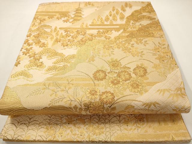 平和屋着物◎佐賀錦 六通柄袋帯 風景文 金糸 正絹 逸品 AAAV6621dt