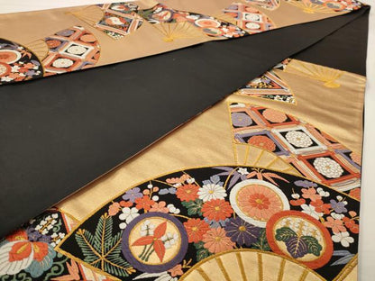 平和屋着物◎六通柄袋帯　唐織　扇面花文　金糸　正絹　逸品　AAAV6627dt