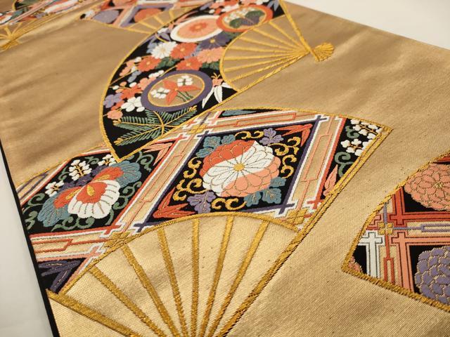 平和屋着物◎六通柄袋帯　唐織　扇面花文　金糸　正絹　逸品　AAAV6627dt