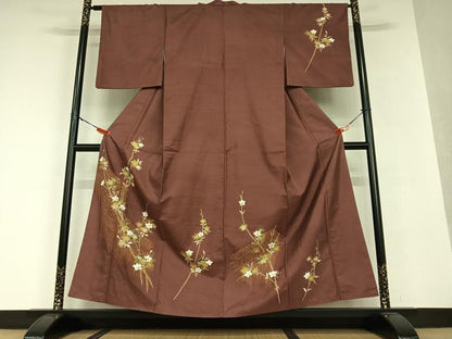 平和屋着物●訪問着 紬地 手描き 枝花文 正絹 逸品 AAAV7032zg
