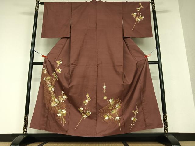 平和屋着物●訪問着 紬地 手描き 枝花文 正絹 逸品 AAAV7032zg