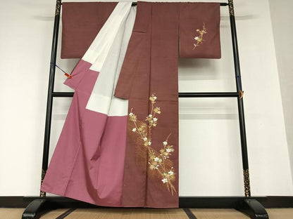 平和屋着物●訪問着 紬地 手描き 枝花文 正絹 逸品 AAAV7032zg