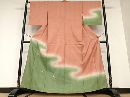 平和屋着物●訪問着 紬地 刺繍 草花文 暈し染め 正絹 逸品 AAAV7036zg