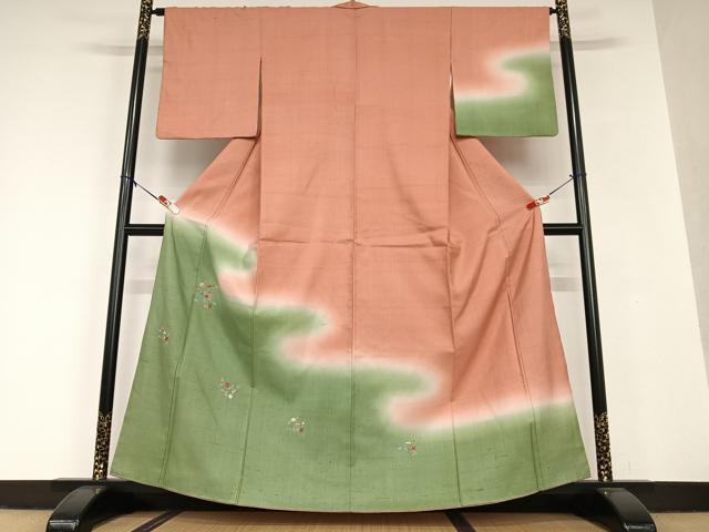 平和屋着物●訪問着 紬地 刺繍 草花文 暈し染め 正絹 逸品 AAAV7036zg