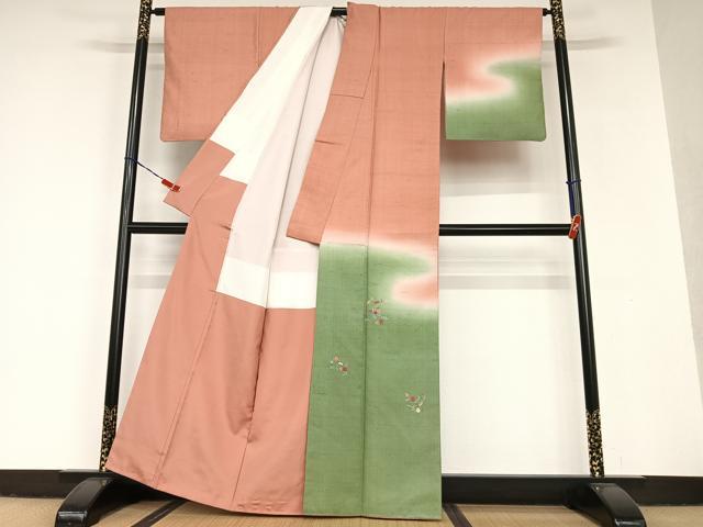 平和屋着物●訪問着 紬地 刺繍 草花文 暈し染め 正絹 逸品 AAAV7036zg