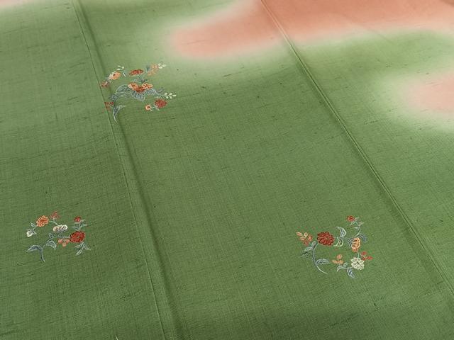 平和屋着物●訪問着 紬地 刺繍 草花文 暈し染め 正絹 逸品 AAAV7036zg