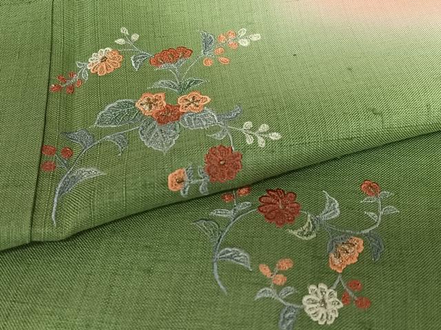 平和屋着物●訪問着 紬地 刺繍 草花文 暈し染め 正絹 逸品 AAAV7036zg