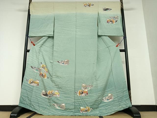 平和屋着物●訪問着　友禅　流水鴛鴦文　暈し染め　仮絵羽　正絹　逸品　未使用　AAAV7056zg