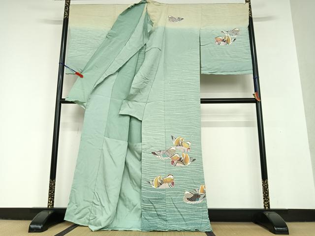 平和屋着物●訪問着　友禅　流水鴛鴦文　暈し染め　仮絵羽　正絹　逸品　未使用　AAAV7056zg