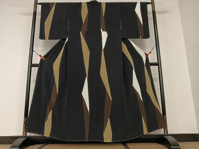 平和屋着物●上質な小紋 絞り 変わり縞 黒地 鬼しぼ縮緬 正絹 逸品 未使用 AAAV7071zg