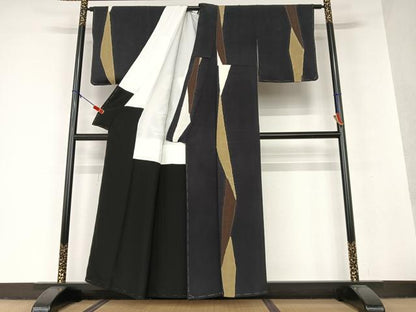 平和屋着物●上質な小紋 絞り 変わり縞 黒地 鬼しぼ縮緬 正絹 逸品 未使用 AAAV7071zg
