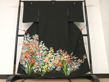 平和屋着物●極上　本加賀友禅作家　直江良三　黒留袖　花鳥文　正絹　逸品　AAAV7129zg