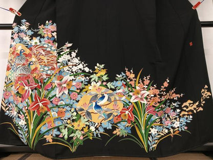 平和屋着物●極上　本加賀友禅作家　直江良三　黒留袖　花鳥文　正絹　逸品　AAAV7129zg