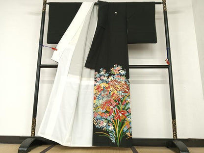 平和屋着物●極上　本加賀友禅作家　直江良三　黒留袖　花鳥文　正絹　逸品　AAAV7129zg