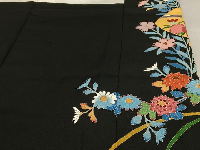 平和屋着物●極上　本加賀友禅作家　直江良三　黒留袖　花鳥文　正絹　逸品　AAAV7129zg