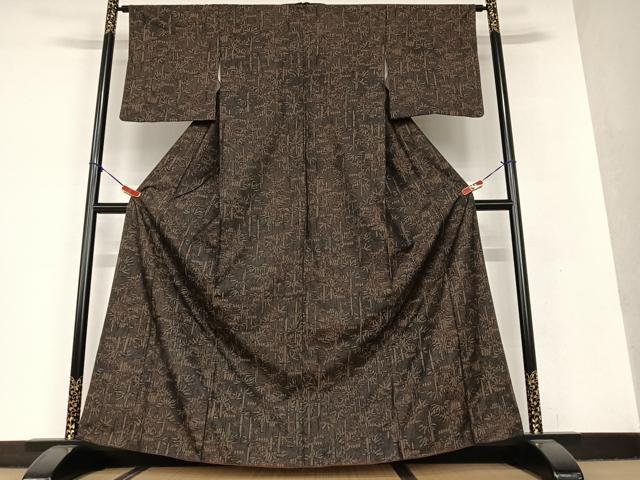 平和屋着物●上質な紬 笹竹文 黒地 正絹 逸品 AAAV7147zg