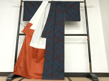 平和屋着物●結城紬　100亀甲　変わり檜垣文　正絹　逸品　未使用　AAAV7168zg