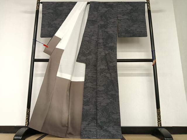 平和屋着物●結城紬　100亀甲　風景文　正絹　逸品　AAAV7212zg