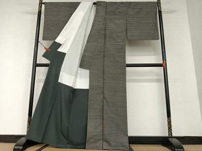平和屋着物●青山みとも　紬　網代文様　黒地　正絹　逸品　AAAV7221zg