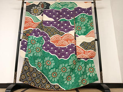 平和屋着物●豪華振袖 絞り 舞花文 青海波 正絹 逸品 AAAV7285zg