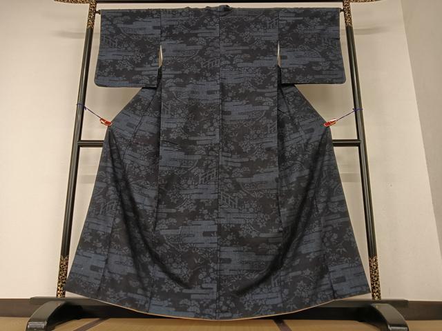 平和屋着物●結城紬 100亀甲 風景草花文 正絹 逸品 AAAV7360zg