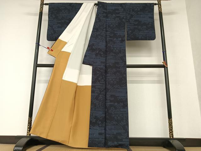 平和屋着物●結城紬 100亀甲 風景草花文 正絹 逸品 AAAV7360zg