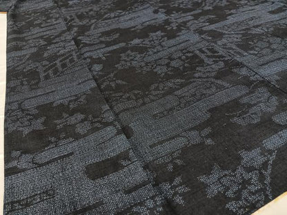 平和屋着物●結城紬 100亀甲 風景草花文 正絹 逸品 AAAV7360zg
