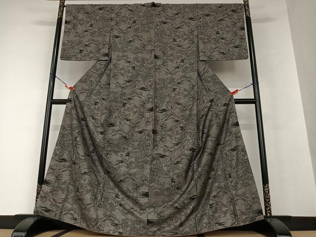 平和屋着物●本場大島紬　9マルキ　風景草花文　正絹　逸品　AAAV7365zg