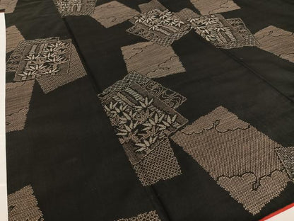 平和屋着物●本場大島紬　9マルキ　色紙重ね流水笹竹文　黒地　正絹　逸品　AAAV7370zg