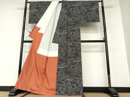 平和屋着物●上質な紬　樹林風景文　正絹　逸品　AAAV7379zg