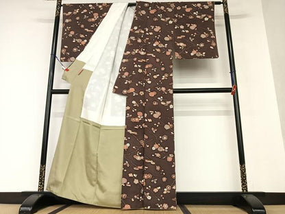 平和屋着物●上質な小紋　紬地　枝花文　正絹　逸品　AAAV7380zg