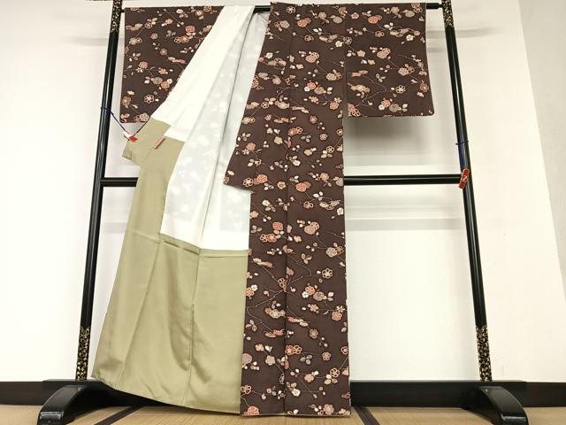 平和屋着物●上質な小紋　紬地　枝花文　正絹　逸品　AAAV7380zg